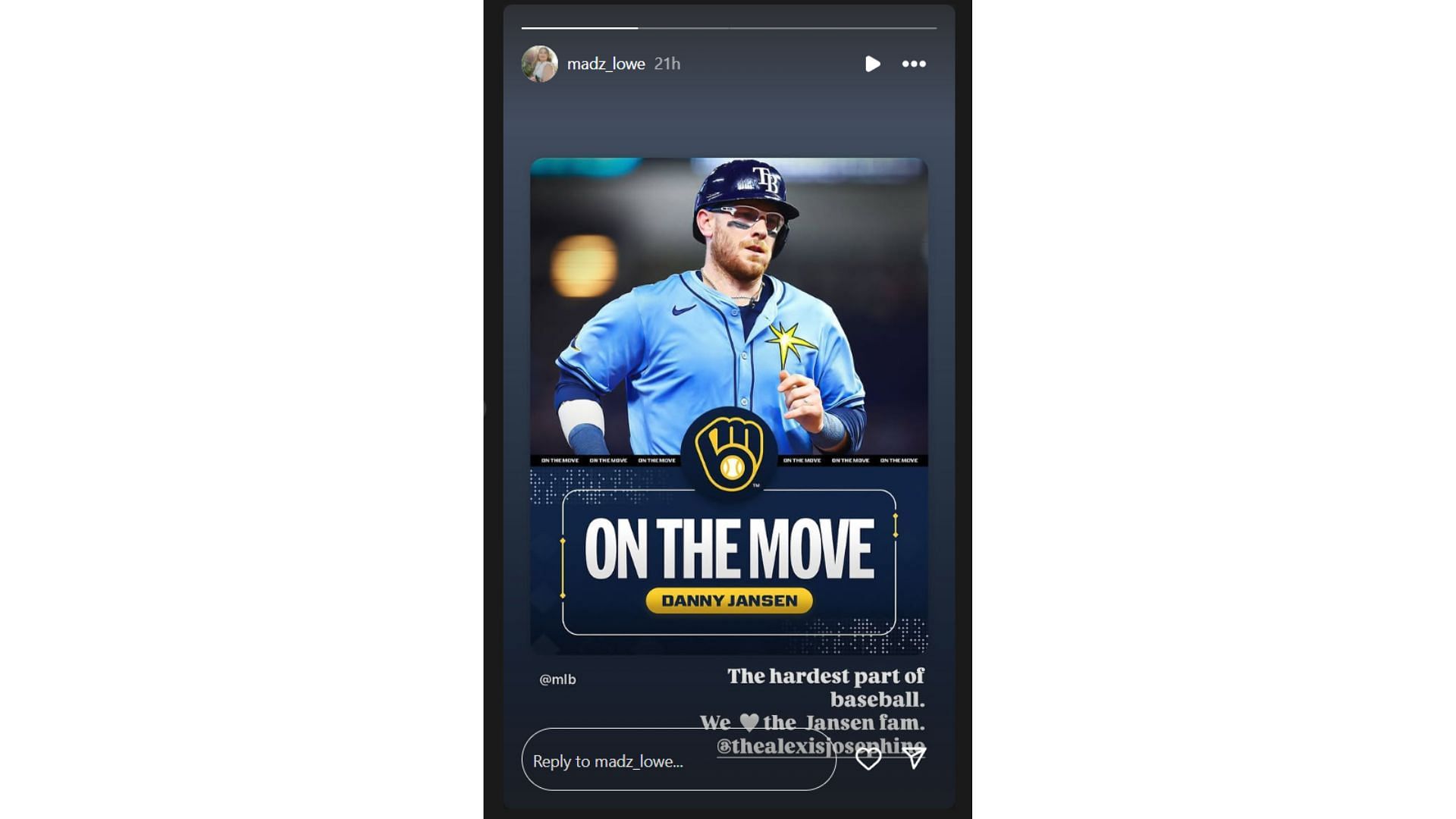 Madison Lowe's Instagram story featuring Danny Jansen's trade annoucement (Source: Instagram @madz_lowe)